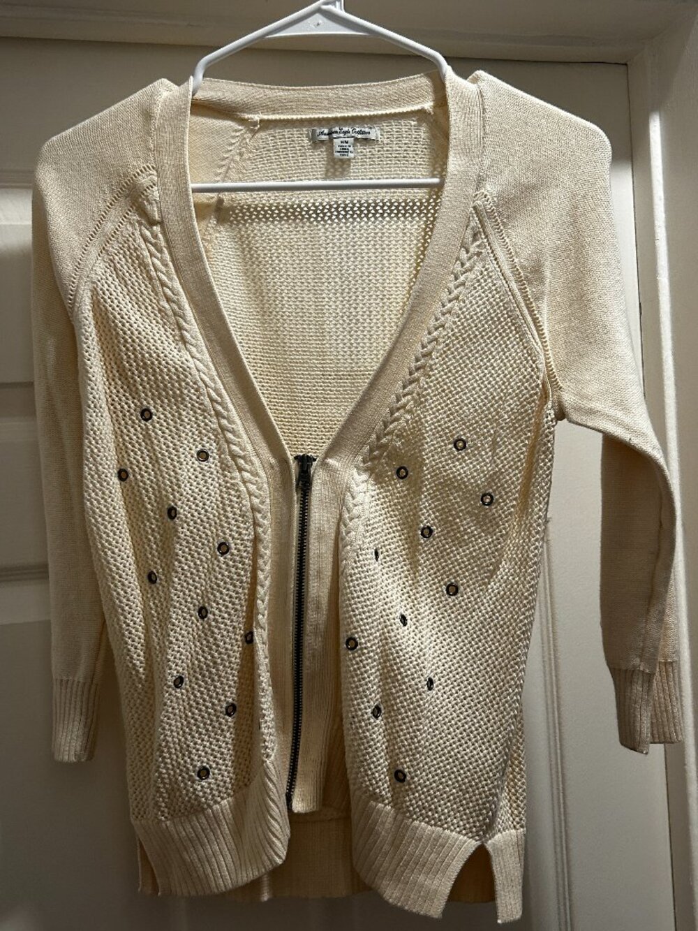 White Three Quarter Sleeve Zip Sweater with Grommets - Picture 1 of 6